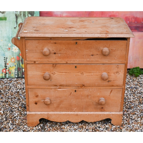 128 - A vintage pine chest with three long drawers and rail to one side, 90 x 46 cm deep x 80 cm high