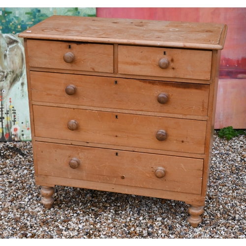 140 - A Victorian pine chest of two short over three long drawers, turned handles and legs, 110 x 48 x 110... 