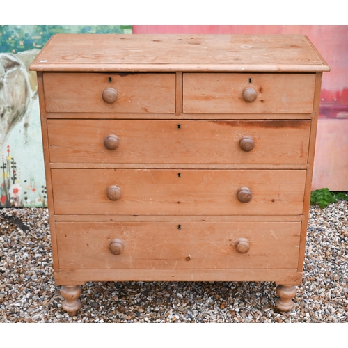 140 - A Victorian pine chest of two short over three long drawers, turned handles and legs, 110 x 48 x 110... 