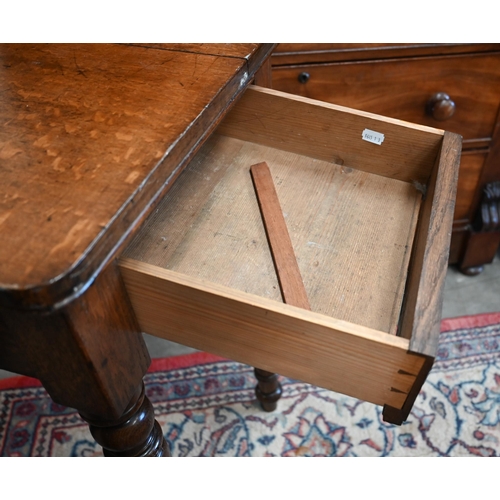 16 - An antique oak side table with drawer to one end, raised on turned supports, 92 cm x 46 x 82 cm high