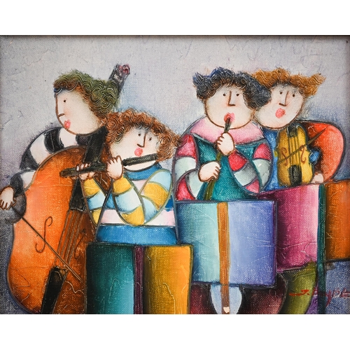 J Roybal - Musician quartet, oil on canvas, signed, 20 x 24 cm