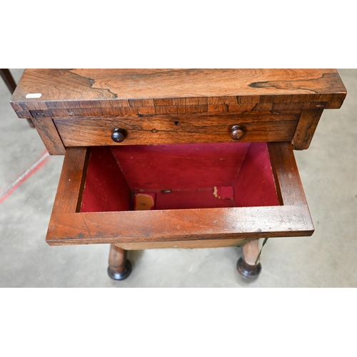 30 - A Victorian rosewood folding sewing table with compartmentalised drawer and wool box on twin column ... 