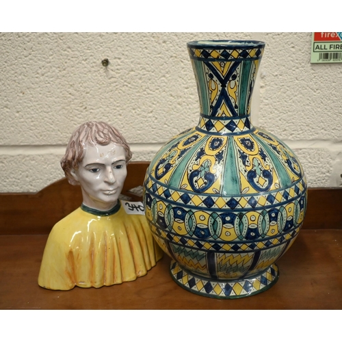 A Cantagalli majolica vase with painted decoration, 27 cm to/w a Cantagalli male bust (2)