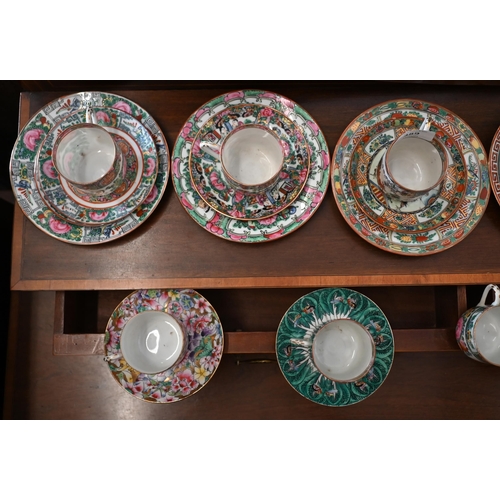 389 - Six individually-painted Chinese eggshell china and coffee trios, to/w five other cups and four sauc... 