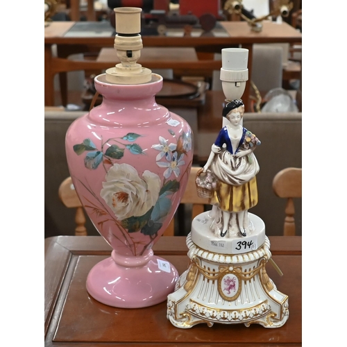 394 - # A Victorian floral-painted pink glass vase, 33 cm (converted as a lamp), to/w a continental china ... 