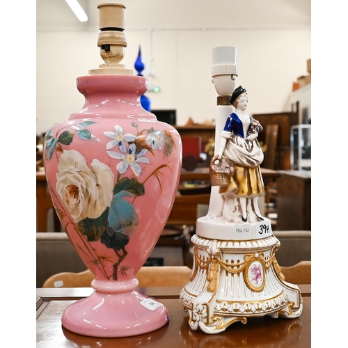 394 - # A Victorian floral-painted pink glass vase, 33 cm (converted as a lamp), to/w a continental china ... 