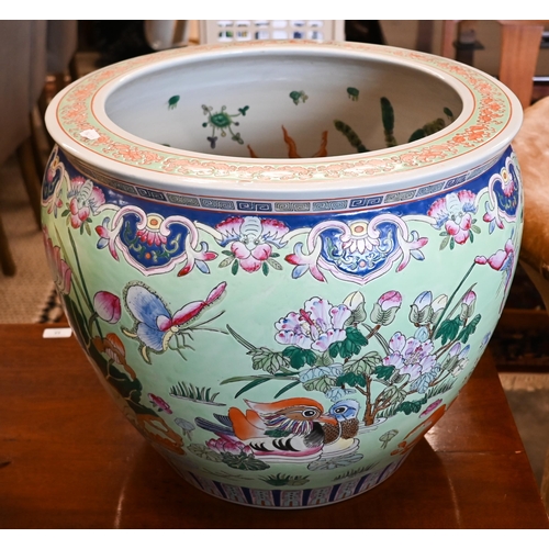 A Chinese porcelain fish-bowl, the interior painted with goldfish, the outside with flowers and insects on a green ground, 41 cm h x 50 cm diameter