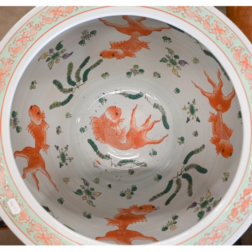 398 - A Chinese porcelain fish-bowl, the interior painted with goldfish, the outside with flowers and inse... 