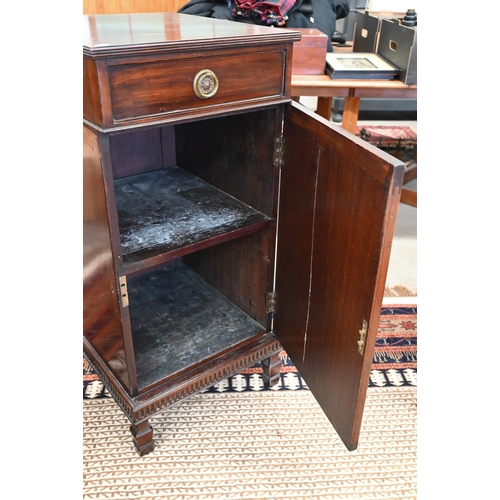 4 - Antique mahogany side cabinet with single drawer and panelled cupboard, on square supports