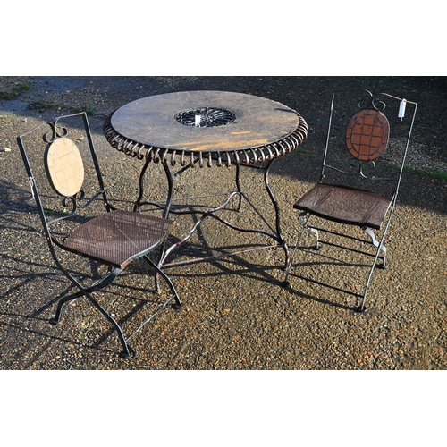 410 - A circular metal terrace table (100 cm diam) and c/w two tile backed folding chairs