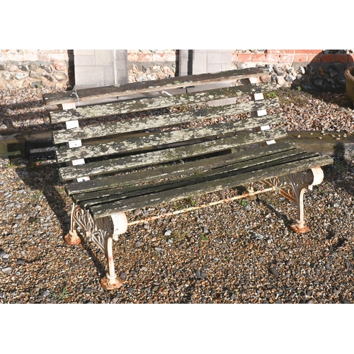 412 - A painted cast iron and slatted teak garden bench, 122 cm wide