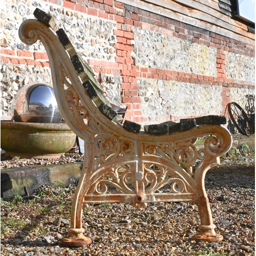 412 - A painted cast iron and slatted teak garden bench, 122 cm wide