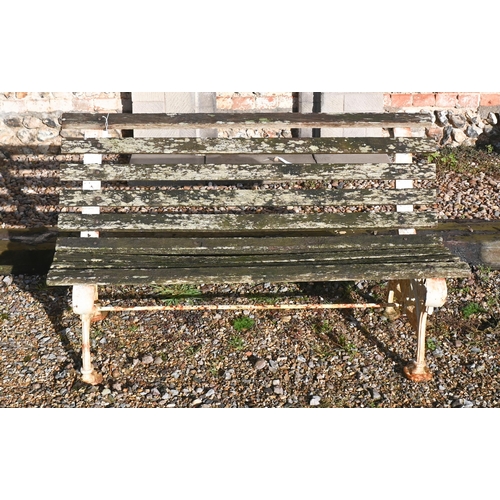 412 - A painted cast iron and slatted teak garden bench, 122 cm wide