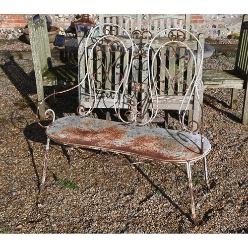 413 - A painted metal lattice-work patio set comprising table, four chairs, two parasols to/w painted wrou... 