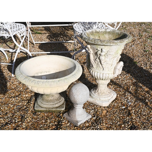 417 - A reconstituted cast stone 'Medici' urn planter, 58 cm to/w French urn planter and ball finial (3)