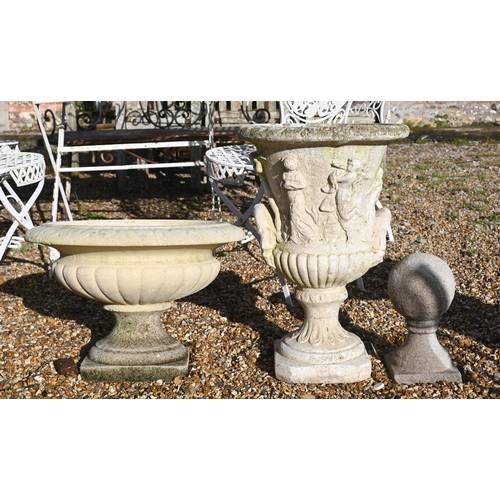 417 - A reconstituted cast stone 'Medici' urn planter, 58 cm to/w French urn planter and ball finial (3)