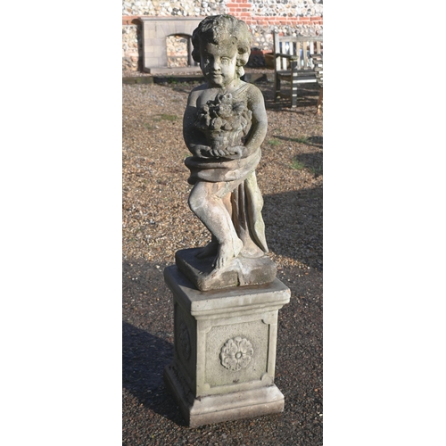 419 - A cast reconstituted stone 'Four Seasons' cherub on square pedestal base, 122 cm high overall