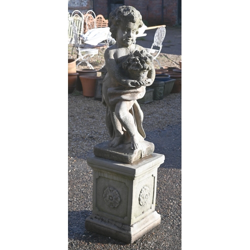 419 - A cast reconstituted stone 'Four Seasons' cherub on square pedestal base, 122 cm high overall