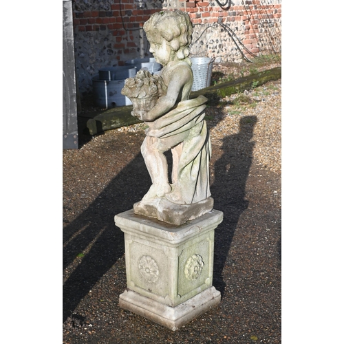 419 - A cast reconstituted stone 'Four Seasons' cherub on square pedestal base, 122 cm high overall