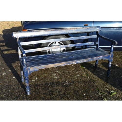 421 - A slatted teak garden bench with weathered blue painted finish, 160 cm wide