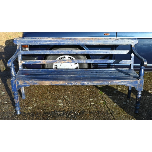 421 - A slatted teak garden bench with weathered blue painted finish, 160 cm wide