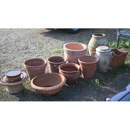 422 - A Greek Cretan terracotta garden pot, 55 cm high to/w French lidded confit pot and various other ter... 