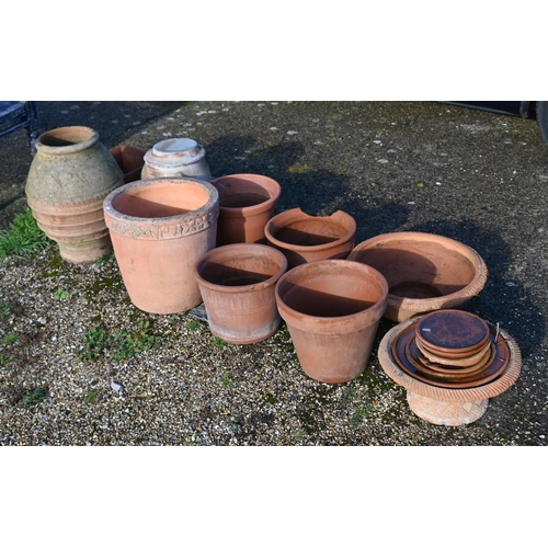 422 - A Greek Cretan terracotta garden pot, 55 cm high to/w French lidded confit pot and various other ter... 