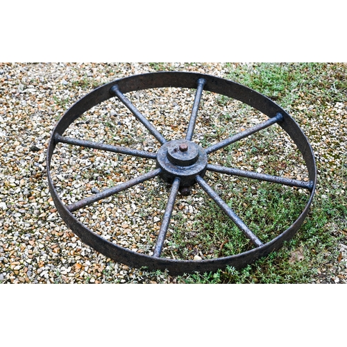 428 - A naturalistic reconstituted two piece cast stone bird bath to/w iron wagon wheel (2)