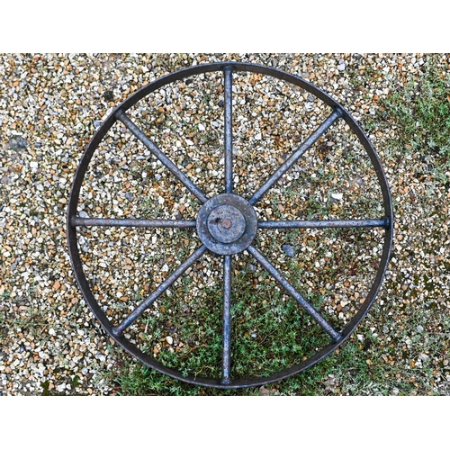 428 - A naturalistic reconstituted two piece cast stone bird bath to/w iron wagon wheel (2)