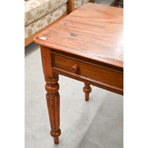 43 - Victorian mahogany two drawer hall table on turned and reeded supports, drawer bears 'Druce & Co... 