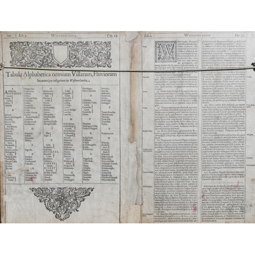 445 - A 17th century county map engraving by John Speed, 'The Countie Westmorland and Kendale the Cheif To... 