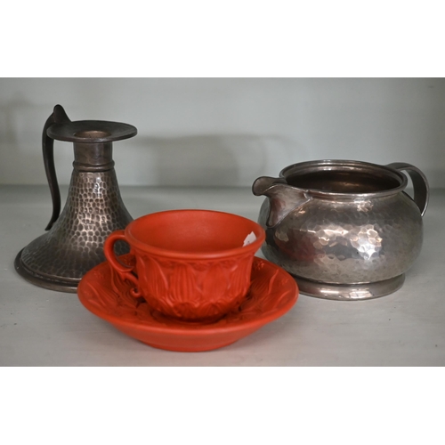 448 - A Tudric planished pewter milk-jug, model 01075, to/w an Abbey pewter chamberstick and a 19th centur... 