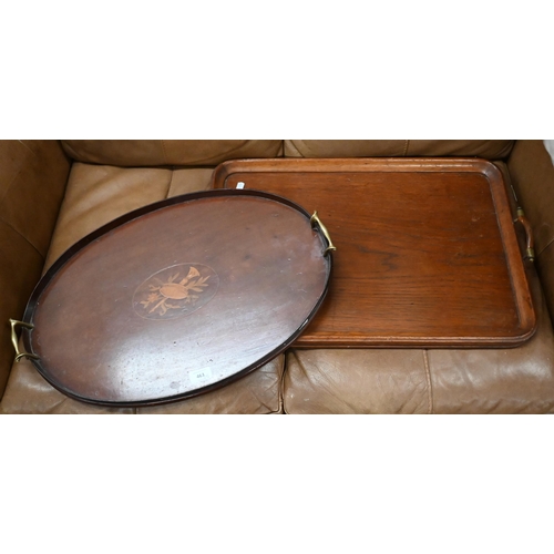 463 - An oval inlaid mahogany tray with brass handles to/w an oak rectangular tray (2)