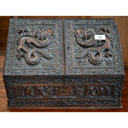 464 - An antique Chinese carved wood stationery box decorated with dragons, bats, florettes etc the lower ... 