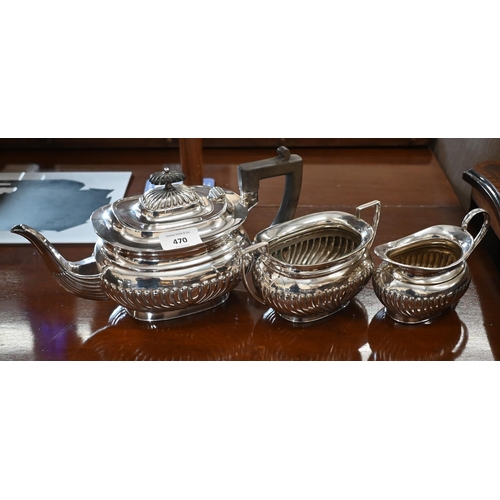 470 - An epns half-reeded three-piece tea service, to/w an oval tray with pierced gallery (4)