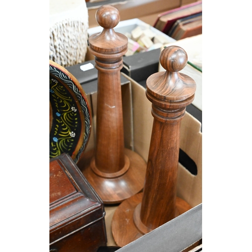 472 - A pair of turned wood candlesticks with detachable finial covers, 37 cm high t/w a Continental paint... 