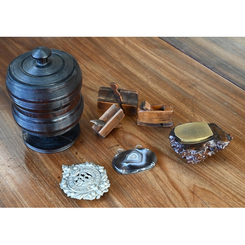 474 - An antique turned wood tobacco jar and cover, 14 cm to/w a rootwood snuff-box with brass lining, an ... 