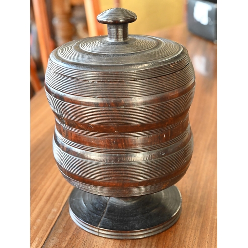 474 - An antique turned wood tobacco jar and cover, 14 cm to/w a rootwood snuff-box with brass lining, an ... 