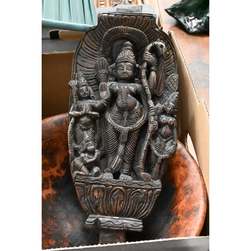 478 - An Asian carved wood box in the form of a corbel to/w a Burmese relief-carved plaque, three turned w... 