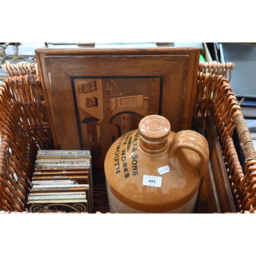 493 - Various Victorian and later antique tiles, including five Minton examples to/w a large stonware flag... 