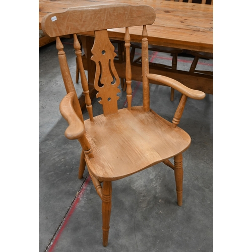 52 - A harlequin set of six beech dining chairs comprising four standard and two carvers (6)