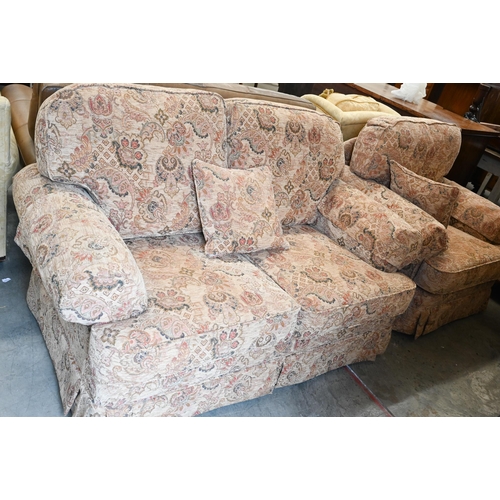 76 - # A Duresta scroll arm two seater sofa with old gold floral and foliate upholstery, 156 cm wide x 86... 