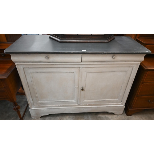 An antique Continental sideboard with two drawers over panelled cupboards in two-tone grey painted finish, 136 cm wide x 50 cm deep x 100 cm
