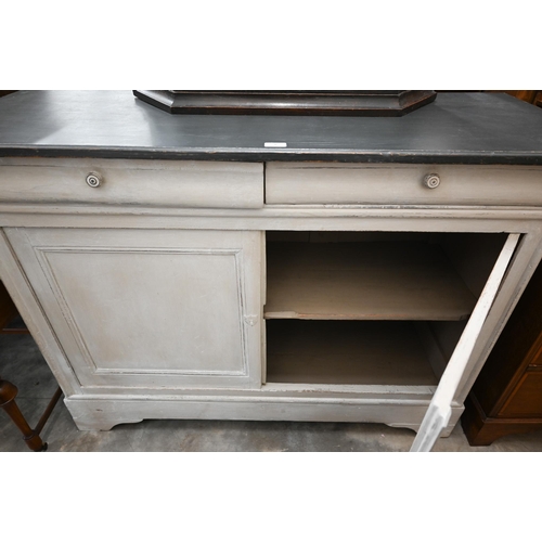 8 - An antique Continental sideboard with two drawers over panelled cupboards in two-tone grey painted f... 