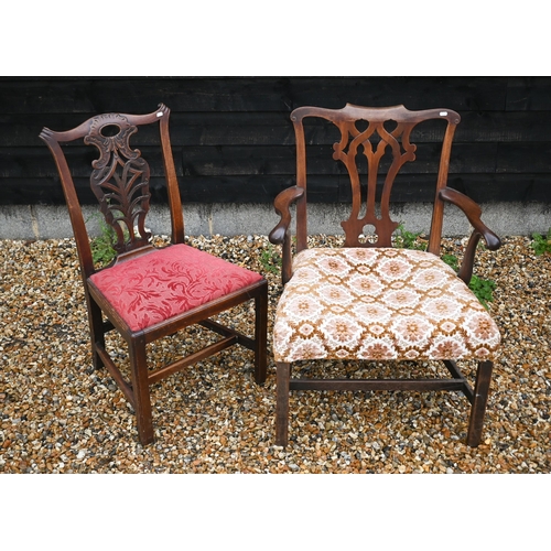 86 - Four 19th century mahogany Chippendale style dining chairs with foliate pad seats to/w similar carve... 