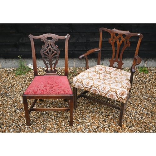 86 - Four 19th century mahogany Chippendale style dining chairs with foliate pad seats to/w similar carve... 