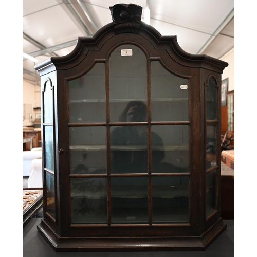 9 - An antique Dutch glazed oak wall hanging display cabinet with three shelves, 76 cm wide x 15 cm deep... 