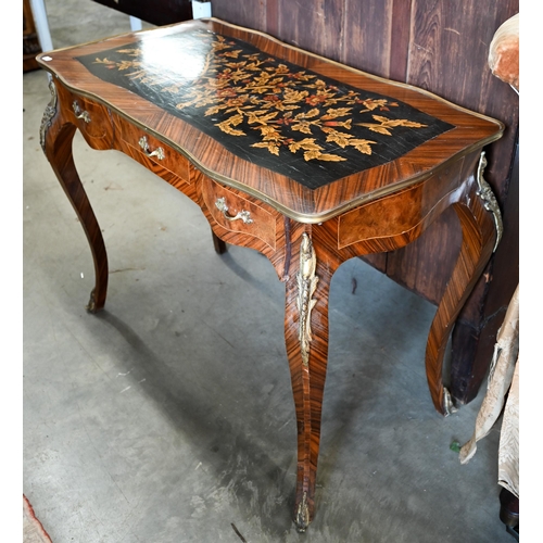 96 - A Louis XV style French kingwood bureau plat writing table with polychrome penwork floral top, gilt ... 