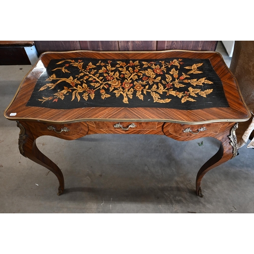 96 - A Louis XV style French kingwood bureau plat writing table with polychrome penwork floral top, gilt ... 