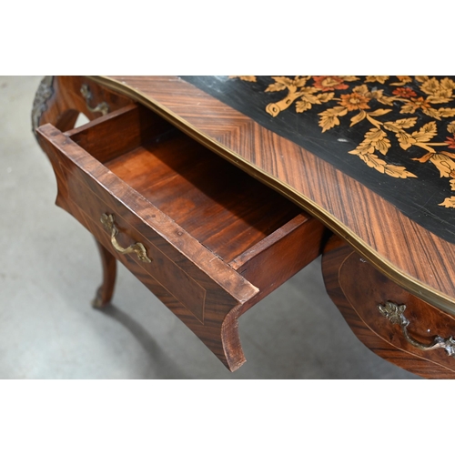 96 - A Louis XV style French kingwood bureau plat writing table with polychrome penwork floral top, gilt ... 